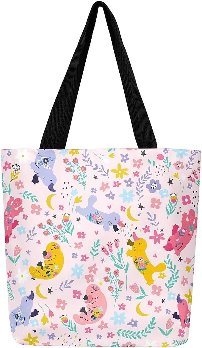 Kawaii Floral Animal Canvas Tote Bag,Cute Cartoon Animal Pink Flower Shopping Grocery Bags