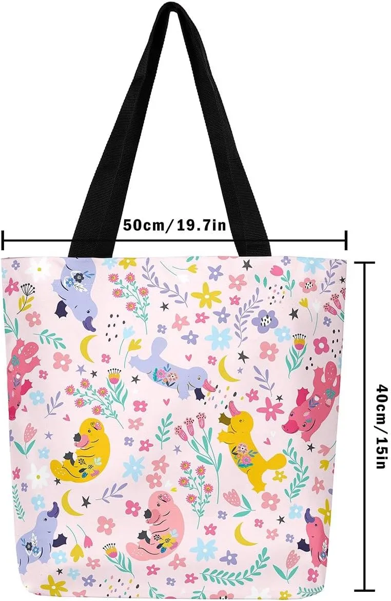 Kawaii Floral Animal Canvas Tote Bag,Cute Cartoon Animal Pink Flower Shopping Grocery Bags