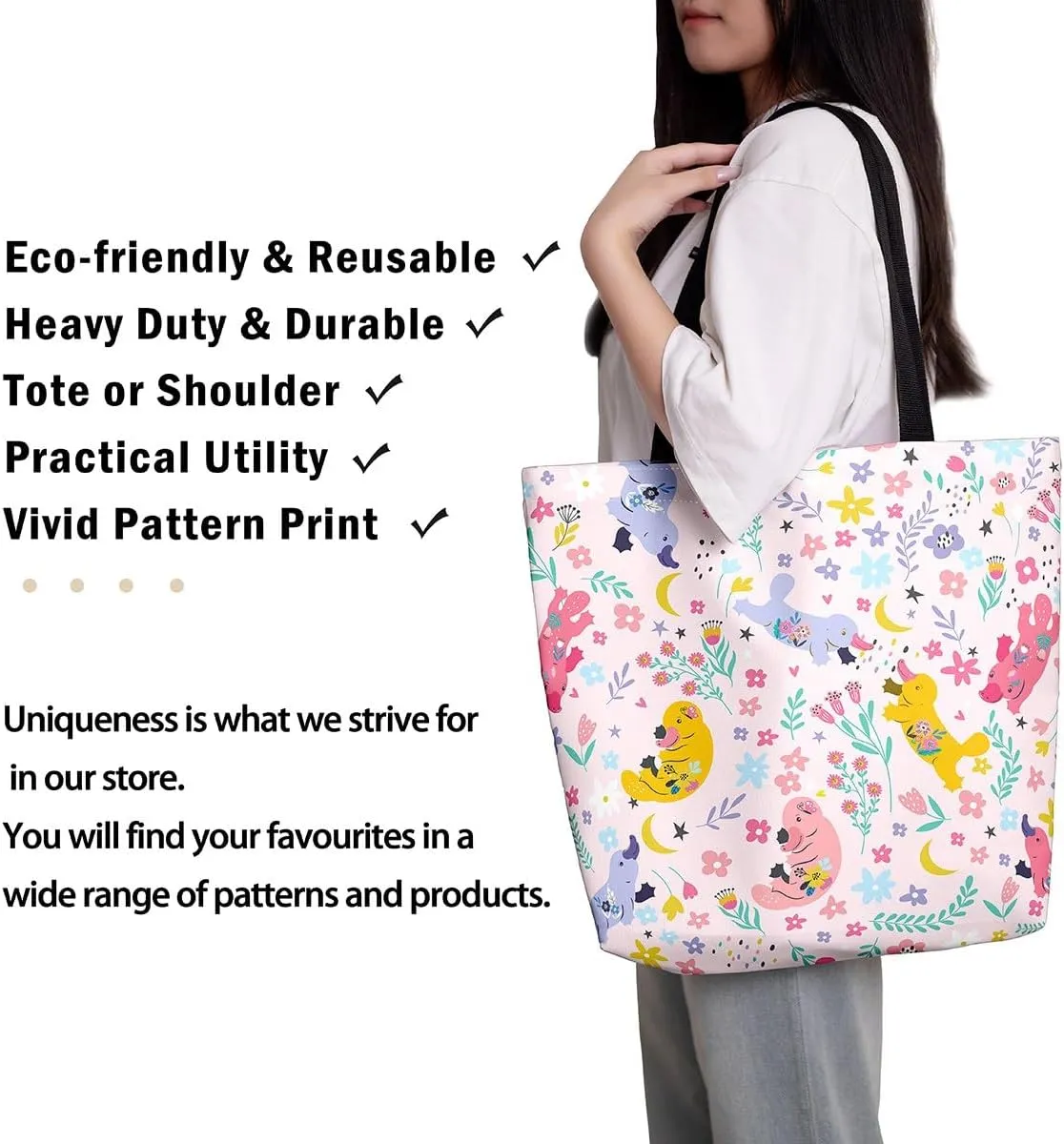 Kawaii Floral Animal Canvas Tote Bag,Cute Cartoon Animal Pink Flower Shopping Grocery Bags