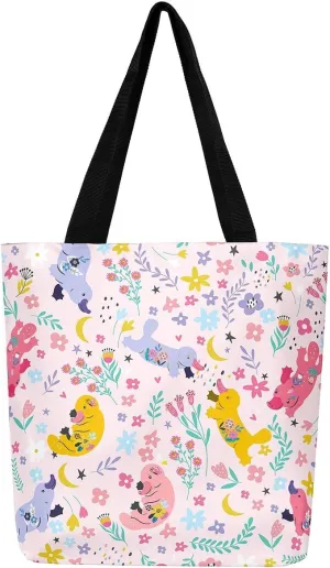 Kawaii Floral Animal Canvas Tote Bag,Cute Cartoon Animal Pink Flower Shopping Grocery Bags