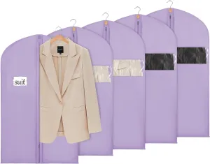 KEEGH 40" Suit Cover Bags for Men (Set of 5) Garment Bags for Hanging Clothes, Suit Bags for Closet Storage or Travel, Clothes Cover for Suits Coats with Clear Window and Label Pocket, Purple