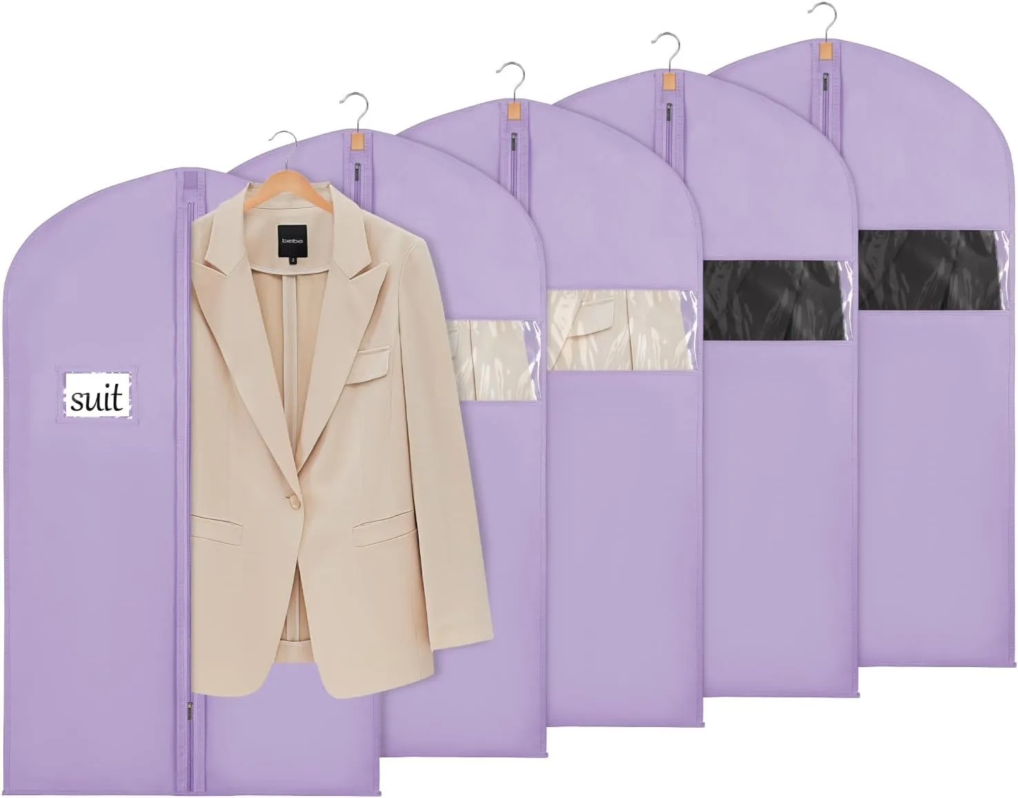 KEEGH 40" Suit Cover Bags for Men (Set of 5) Garment Bags for Hanging Clothes, Suit Bags for Closet Storage or Travel, Clothes Cover for Suits Coats with Clear Window and Label Pocket, Purple
