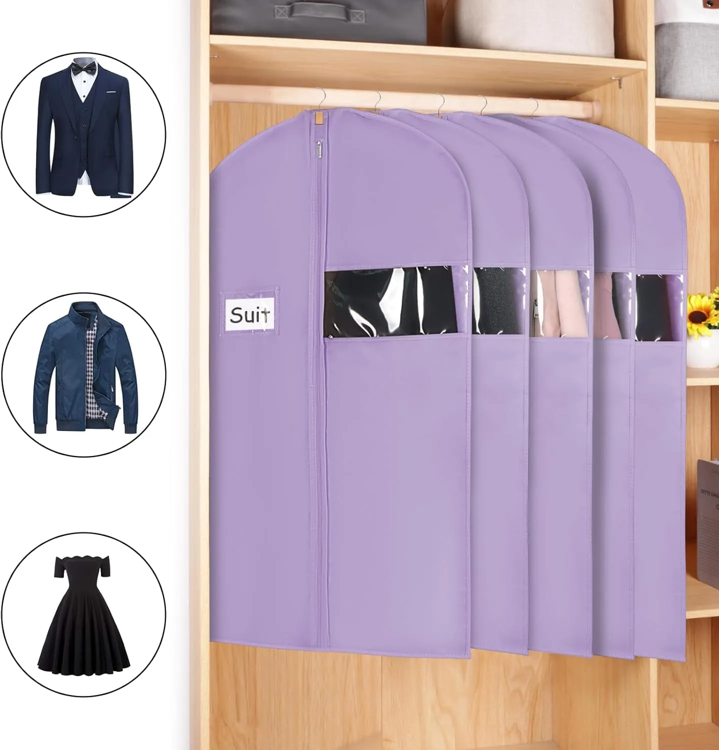 KEEGH 40" Suit Cover Bags for Men (Set of 5) Garment Bags for Hanging Clothes, Suit Bags for Closet Storage or Travel, Clothes Cover for Suits Coats with Clear Window and Label Pocket, Purple