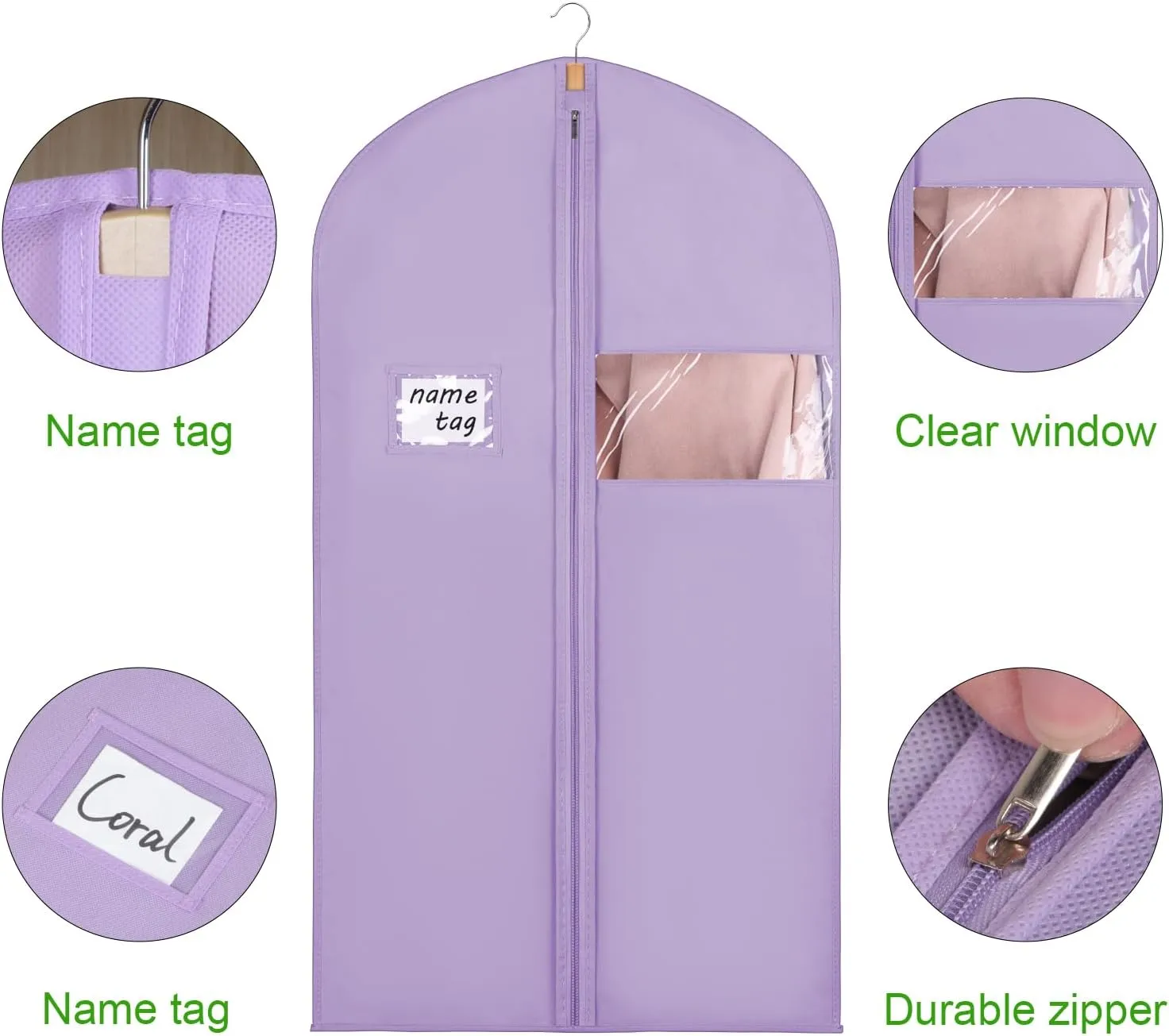 KEEGH 40" Suit Cover Bags for Men (Set of 5) Garment Bags for Hanging Clothes, Suit Bags for Closet Storage or Travel, Clothes Cover for Suits Coats with Clear Window and Label Pocket, Purple