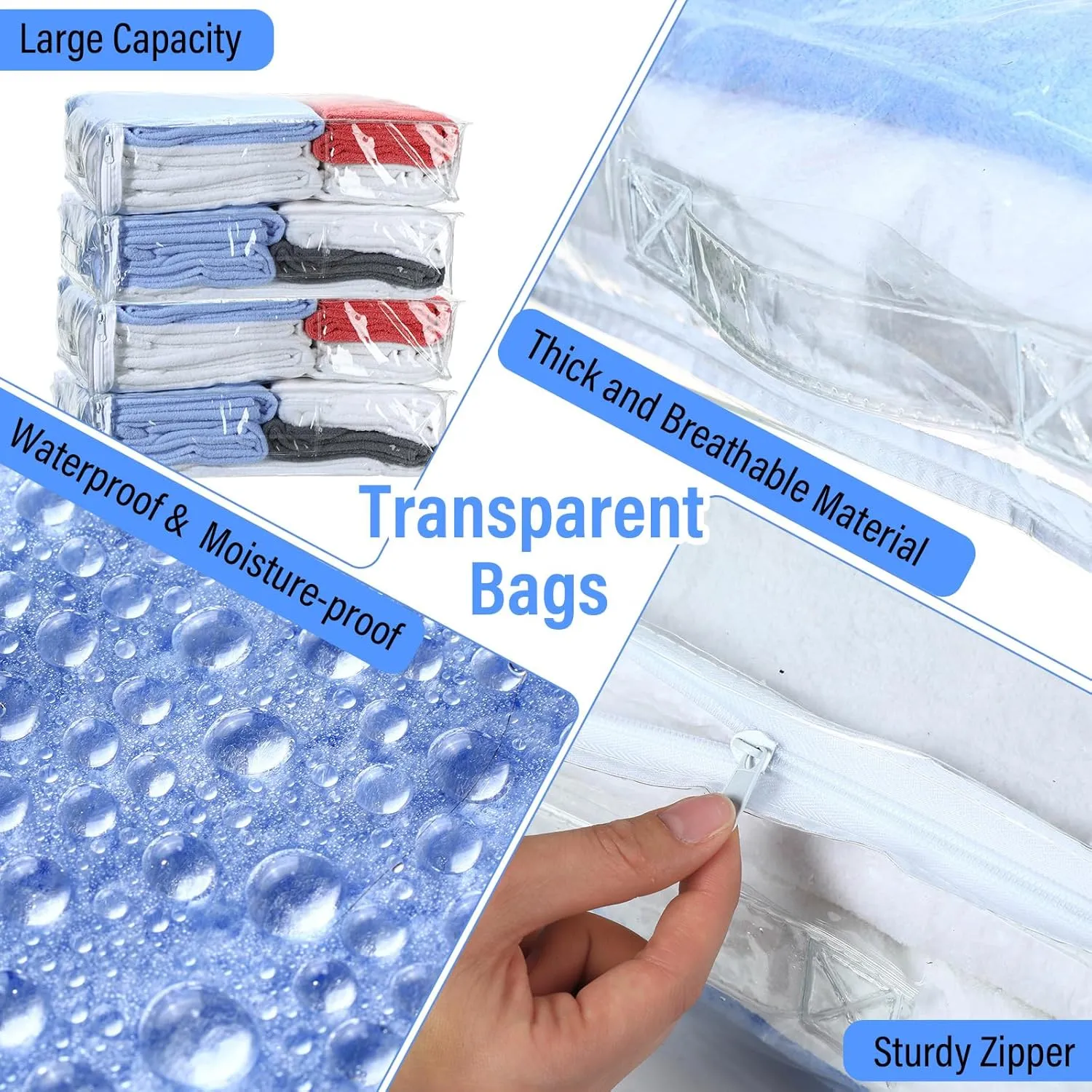 Kenning Set of 20 Clear Vinyl Zippered Storage Bags for Sheet Organizer Plastic Sweater Bags with Handle Pocket for Bed Blanket Throw Pillow(White,18 x 15 x 4 Inch)