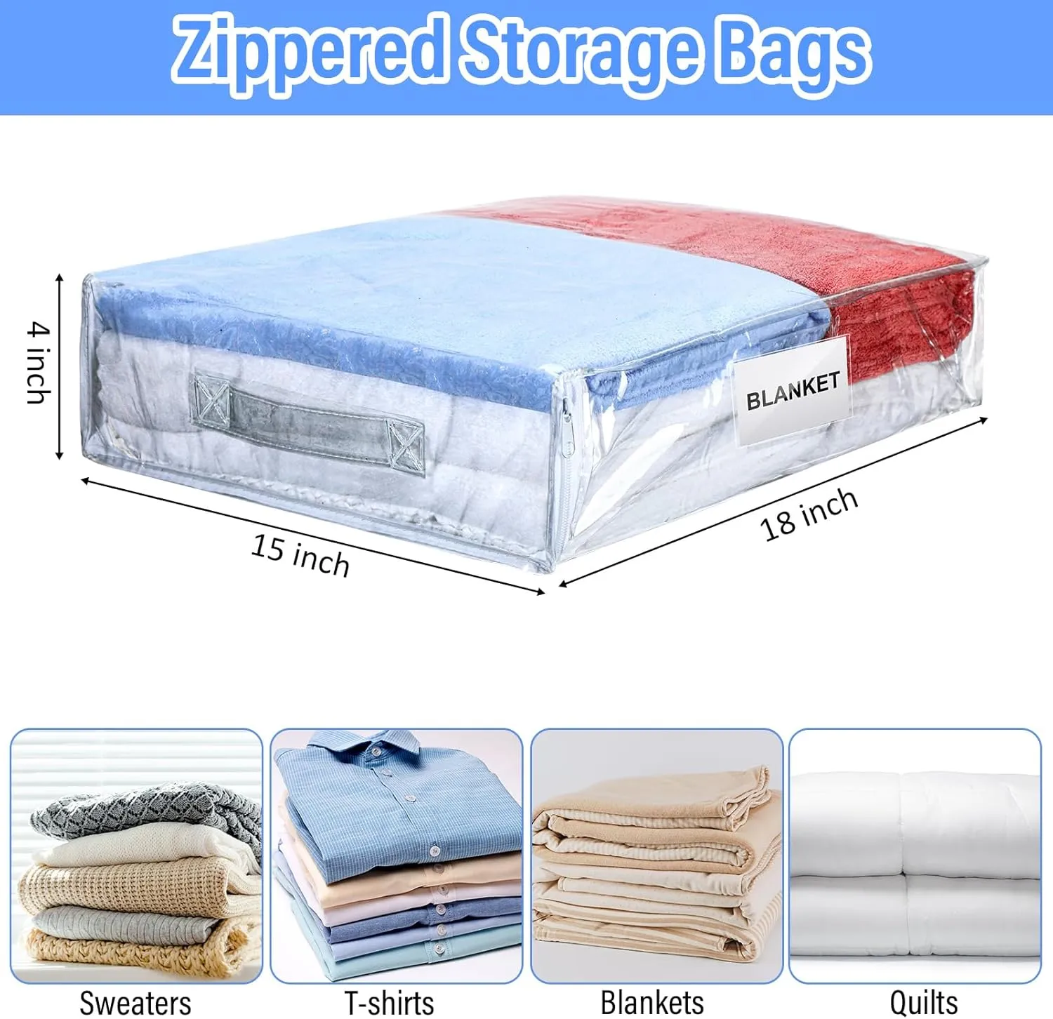 Kenning Set of 20 Clear Vinyl Zippered Storage Bags for Sheet Organizer Plastic Sweater Bags with Handle Pocket for Bed Blanket Throw Pillow(White,18 x 15 x 4 Inch)