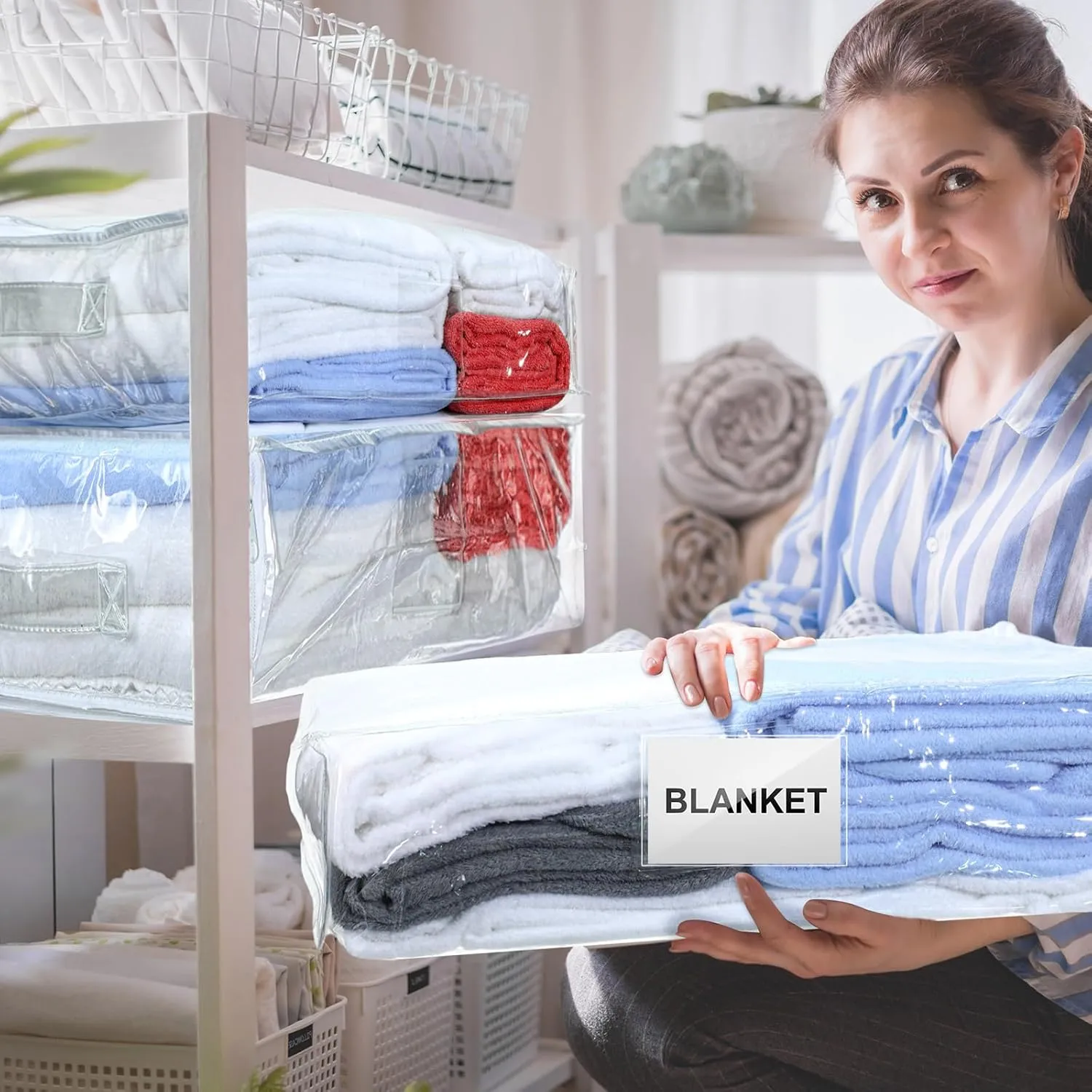 Kenning Set of 20 Clear Vinyl Zippered Storage Bags for Sheet Organizer Plastic Sweater Bags with Handle Pocket for Bed Blanket Throw Pillow(White,18 x 15 x 4 Inch)