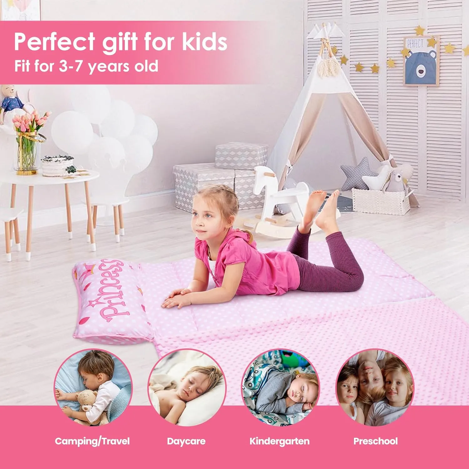 Kids Sleeping Bag Nap Mat with Removable Pillow and Blanket,Extra Thick Large 2 in 1 Slumber Bags for Boys Girls,Toddler Nap Mat for Preschool Daycare Travel Camping