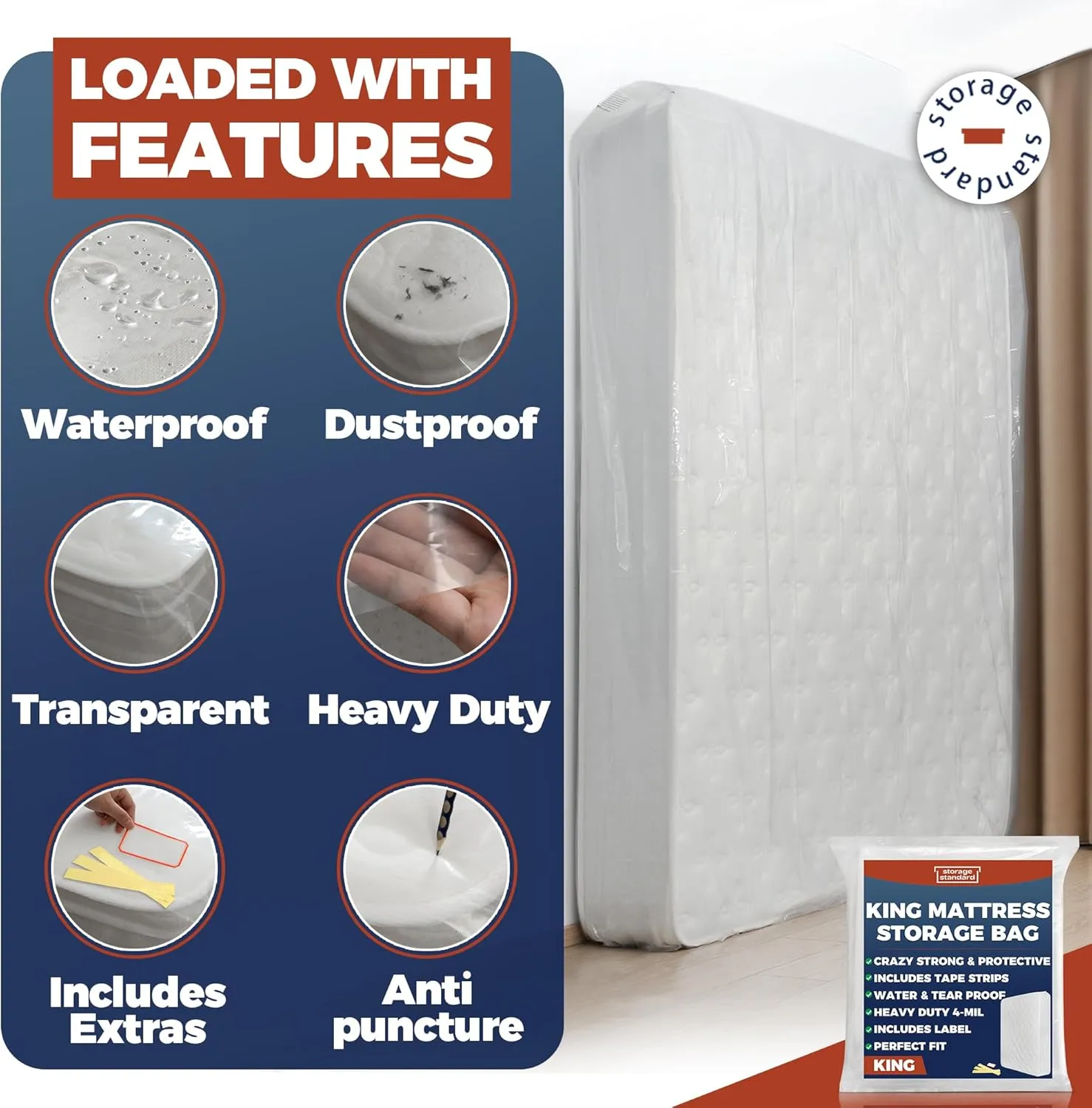 King Mattress Bags for Moving & Storage – Heavy Duty Thick 4mil Reusable Mattress Storage Bag, Waterproof Plastic Mattress Cover for Moving - Fits King Size Bed - 1 Clear Bag, 100 x 80 x 15 Inches
