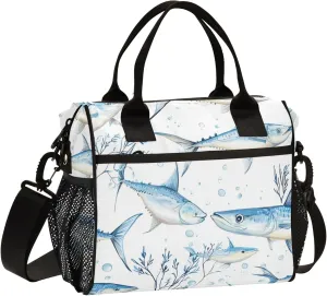 KLL Lunch Bag for Work Adjustable Soft Lunch Bag with Shoulder Strap Lunch Box for Boys Girl Kindergarten M Cartoon Swordfish Fishes