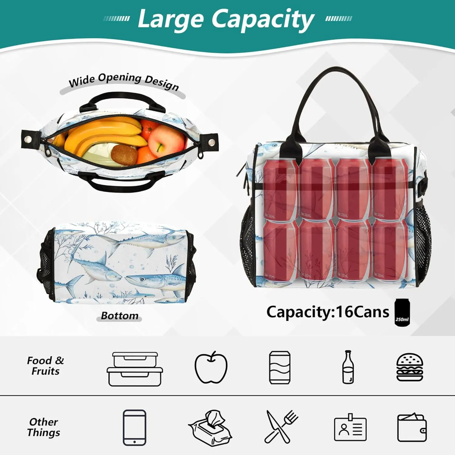KLL Lunch Bag for Work Adjustable Soft Lunch Bag with Shoulder Strap Lunch Box for Boys Girl Kindergarten M Cartoon Swordfish Fishes