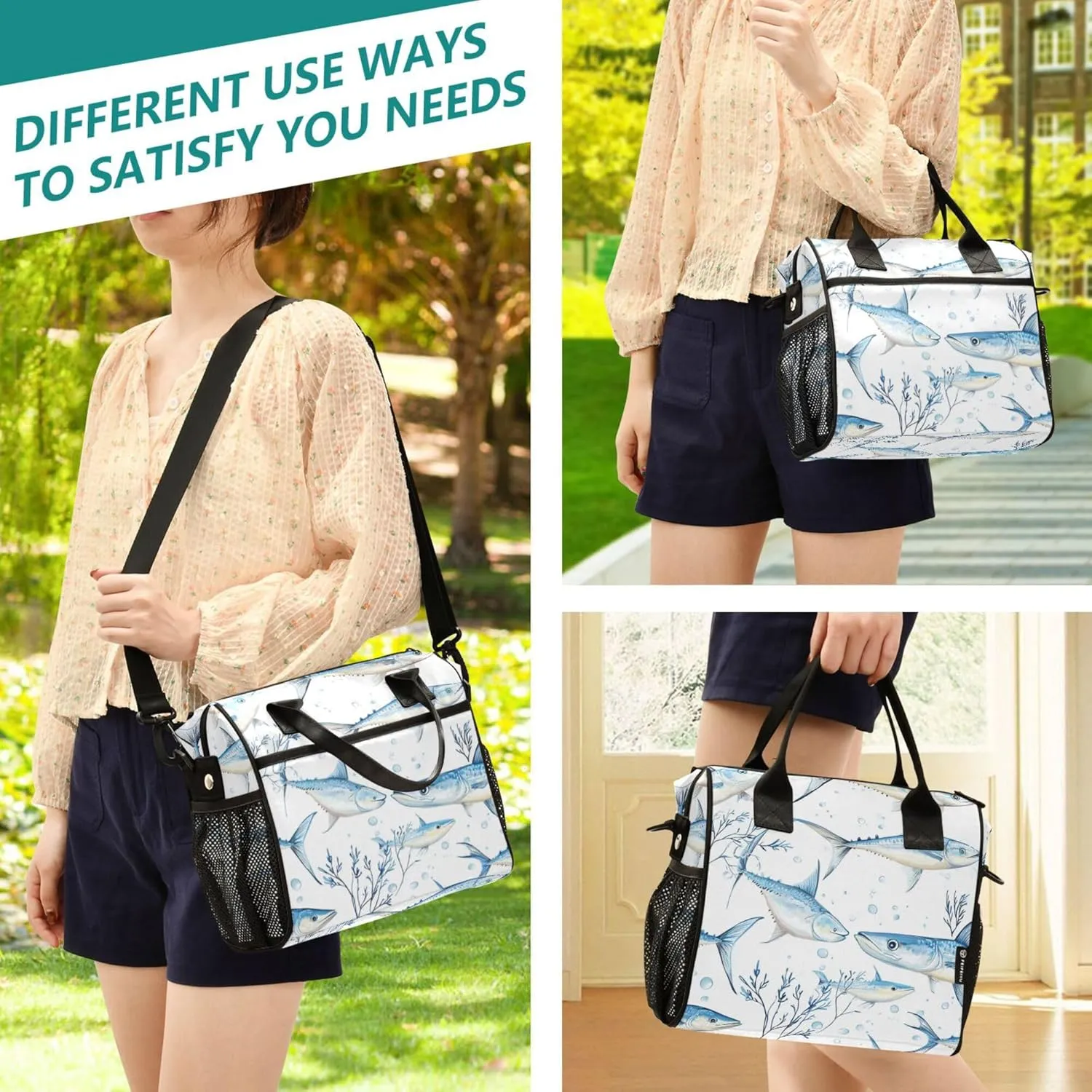 KLL Lunch Bag for Work Adjustable Soft Lunch Bag with Shoulder Strap Lunch Box for Boys Girl Kindergarten M Cartoon Swordfish Fishes