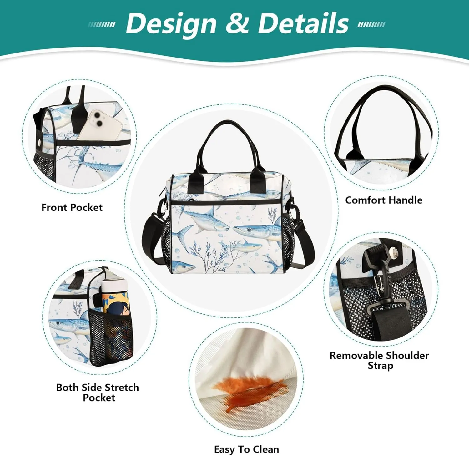 KLL Lunch Bag for Work Adjustable Soft Lunch Bag with Shoulder Strap Lunch Box for Boys Girl Kindergarten M Cartoon Swordfish Fishes