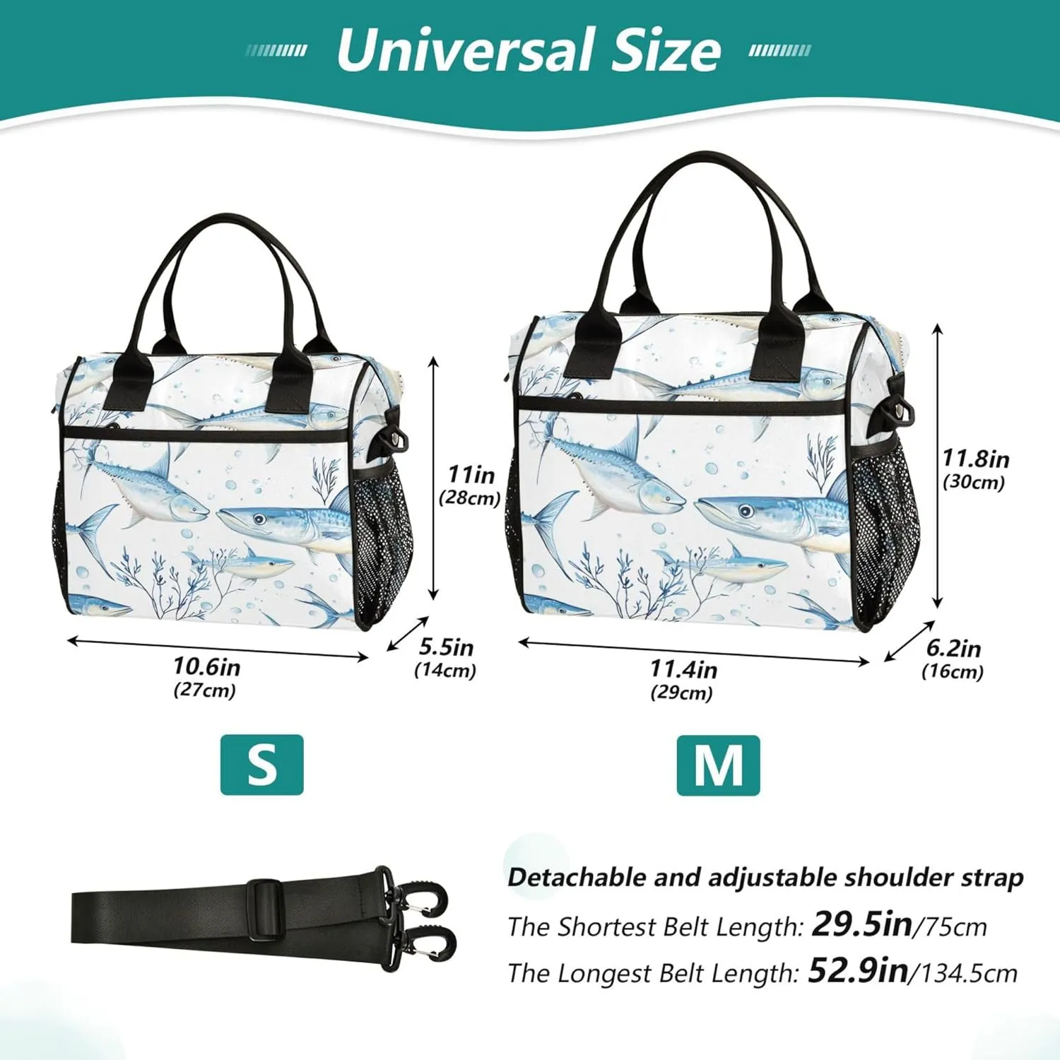 KLL Lunch Bag for Work Adjustable Soft Lunch Bag with Shoulder Strap Lunch Box for Boys Girl Kindergarten M Cartoon Swordfish Fishes