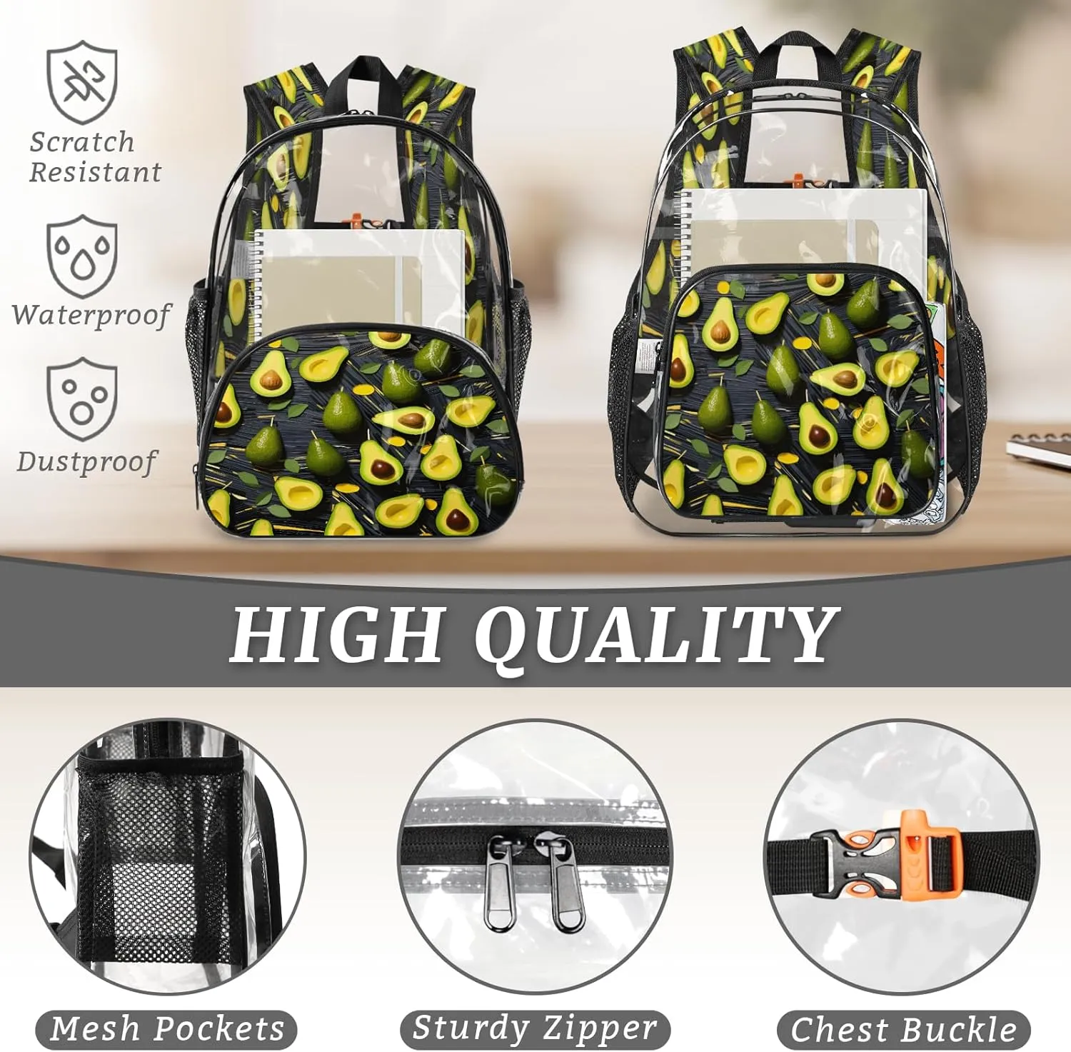 KOBLEN Avocado Black Arrangement 17.1 Inch Clear Backpack, Heavy Duty Transparent PVC Daypack with Adjustable Padded Straps, Large Capacity Clear Bag for Festival, Concerts, Travel