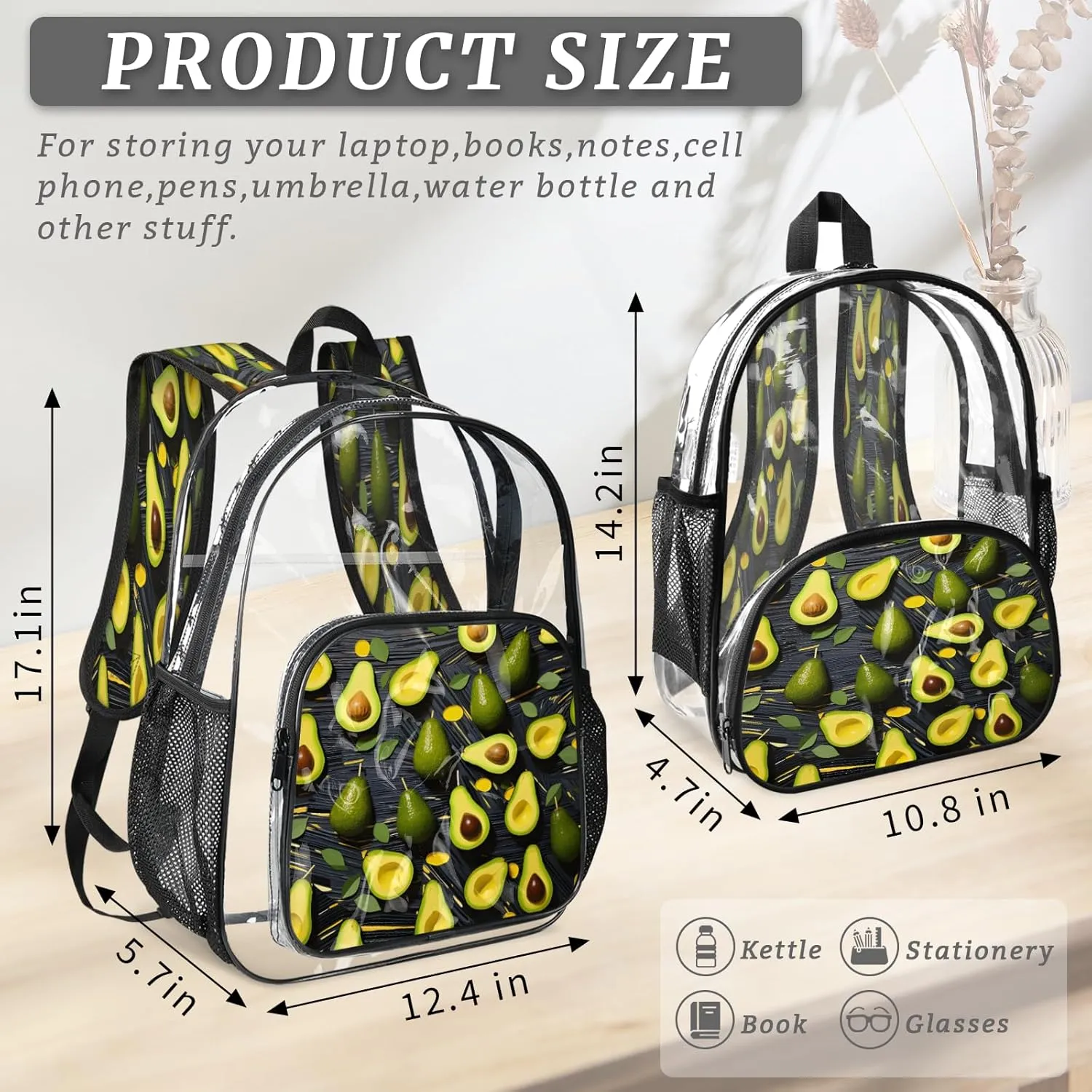 KOBLEN Avocado Black Arrangement 17.1 Inch Clear Backpack, Heavy Duty Transparent PVC Daypack with Adjustable Padded Straps, Large Capacity Clear Bag for Festival, Concerts, Travel