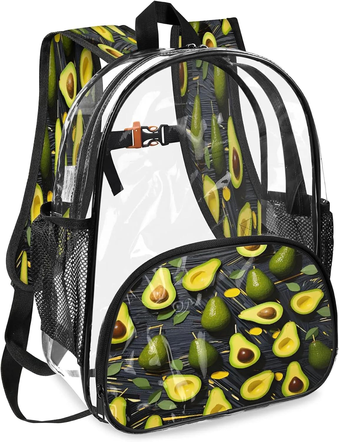 KOBLEN Avocado Black Arrangement 17.1 Inch Clear Backpack, Heavy Duty Transparent PVC Daypack with Adjustable Padded Straps, Large Capacity Clear Bag for Festival, Concerts, Travel