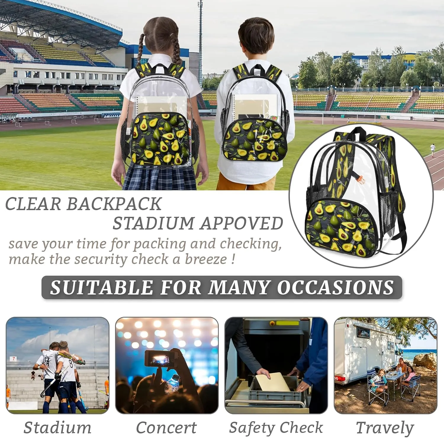KOBLEN Avocado Black Arrangement 17.1 Inch Clear Backpack, Heavy Duty Transparent PVC Daypack with Adjustable Padded Straps, Large Capacity Clear Bag for Festival, Concerts, Travel