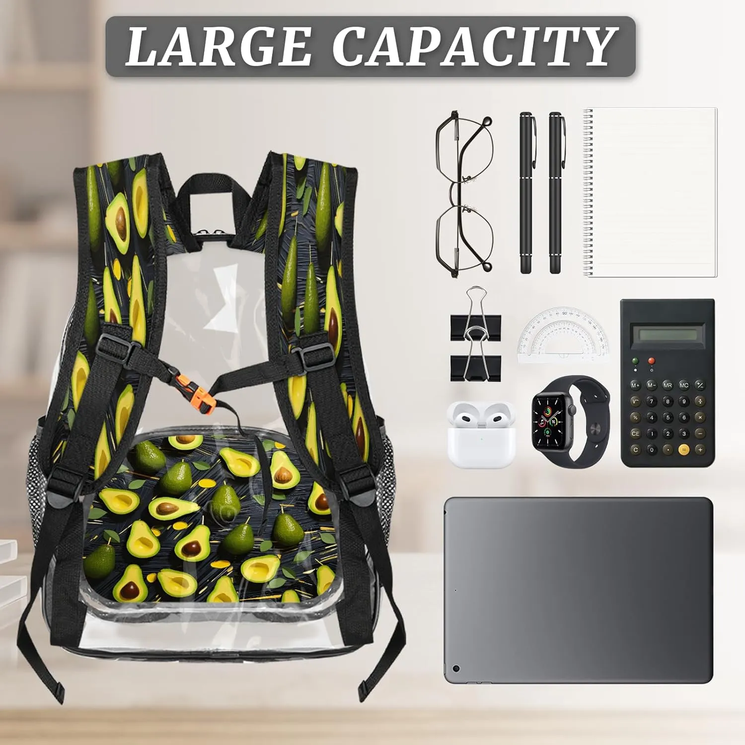 KOBLEN Avocado Black Arrangement 17.1 Inch Clear Backpack, Heavy Duty Transparent PVC Daypack with Adjustable Padded Straps, Large Capacity Clear Bag for Festival, Concerts, Travel
