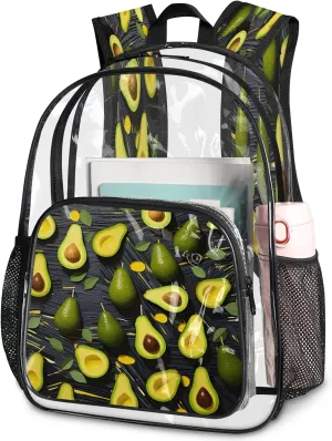 KOBLEN Avocado Black Arrangement 17.1 Inch Clear Backpack, Heavy Duty Transparent PVC Daypack with Adjustable Padded Straps, Large Capacity Clear Bag for Festival, Concerts, Travel