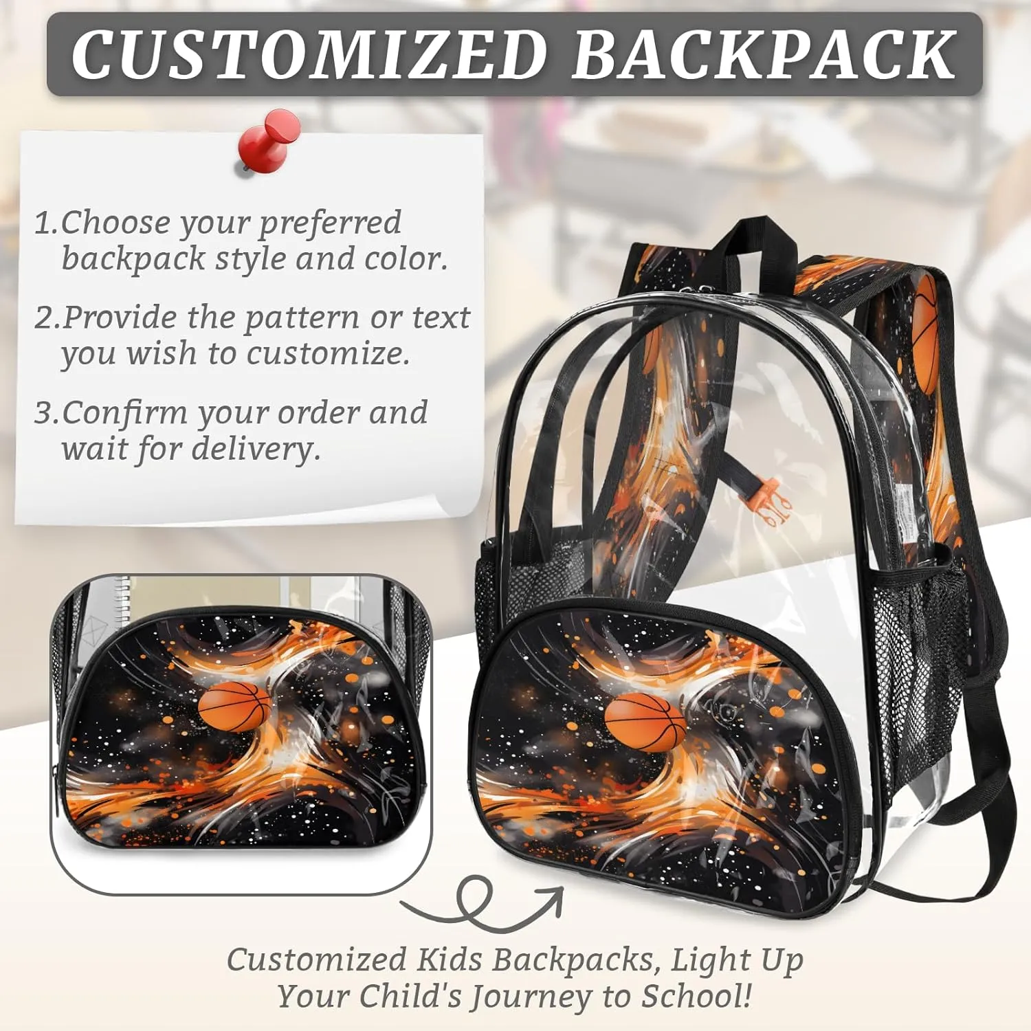 KOBLEN Basketball Flame Design 17.1 Inch Clear Backpack, Heavy Duty Transparent PVC Daypack with Adjustable Padded Straps, Large Capacity Clear Bag for Festival, Concerts, Travel