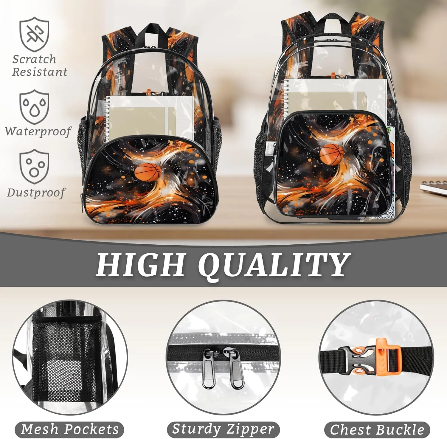 KOBLEN Basketball Flame Design 17.1 Inch Clear Backpack, Heavy Duty Transparent PVC Daypack with Adjustable Padded Straps, Large Capacity Clear Bag for Festival, Concerts, Travel