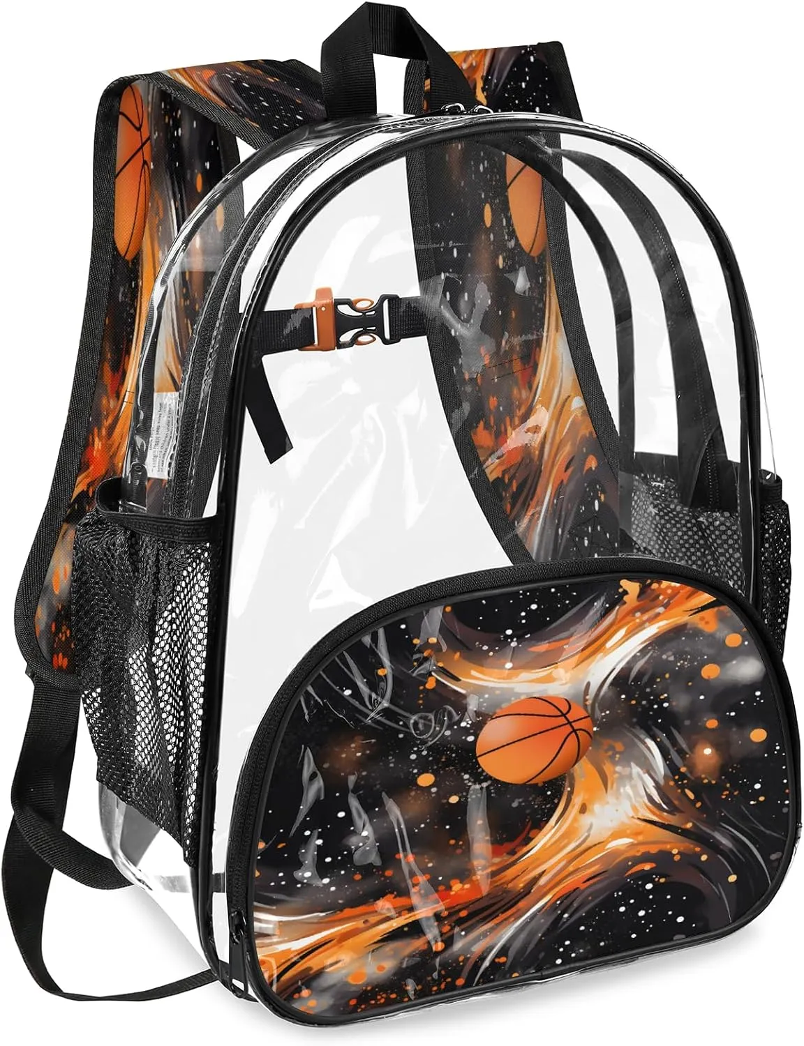 KOBLEN Basketball Flame Design 17.1 Inch Clear Backpack, Heavy Duty Transparent PVC Daypack with Adjustable Padded Straps, Large Capacity Clear Bag for Festival, Concerts, Travel