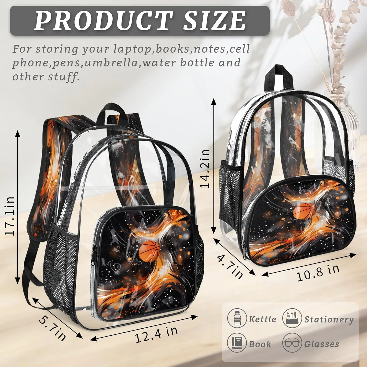 KOBLEN Basketball Flame Design 17.1 Inch Clear Backpack, Heavy Duty Transparent PVC Daypack with Adjustable Padded Straps, Large Capacity Clear Bag for Festival, Concerts, Travel