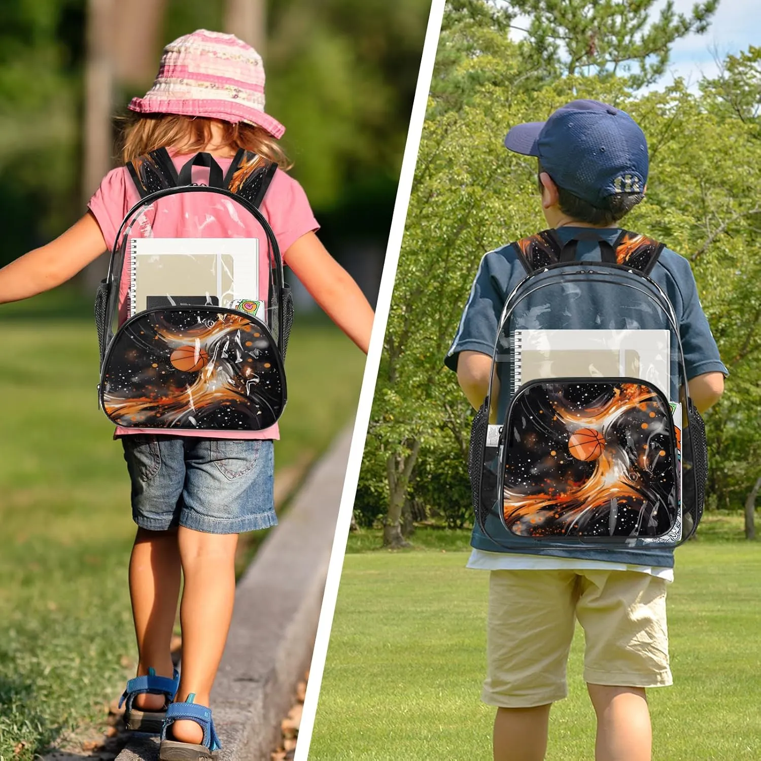 KOBLEN Basketball Flame Design 17.1 Inch Clear Backpack, Heavy Duty Transparent PVC Daypack with Adjustable Padded Straps, Large Capacity Clear Bag for Festival, Concerts, Travel