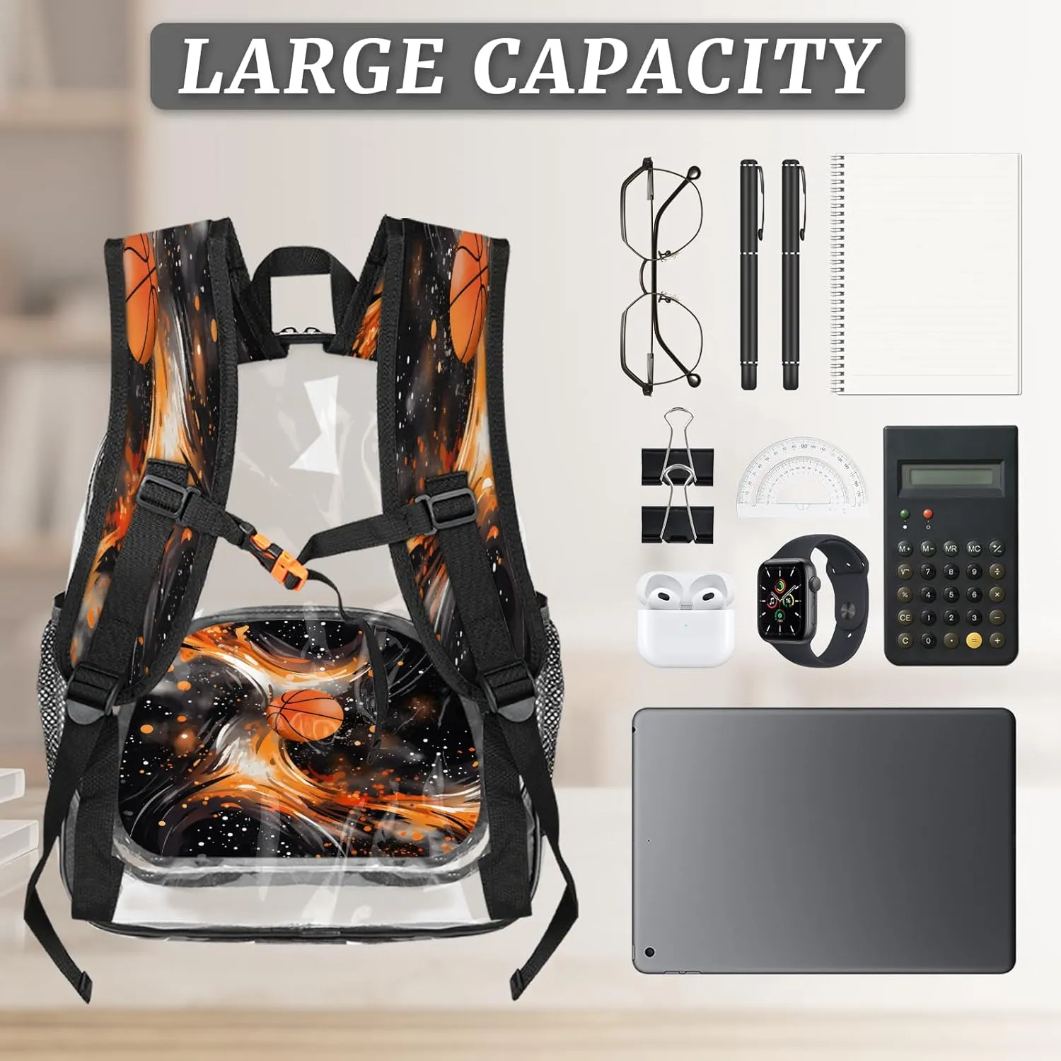 KOBLEN Basketball Flame Design 17.1 Inch Clear Backpack, Heavy Duty Transparent PVC Daypack with Adjustable Padded Straps, Large Capacity Clear Bag for Festival, Concerts, Travel