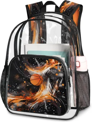 KOBLEN Basketball Flame Design 17.1 Inch Clear Backpack, Heavy Duty Transparent PVC Daypack with Adjustable Padded Straps, Large Capacity Clear Bag for Festival, Concerts, Travel