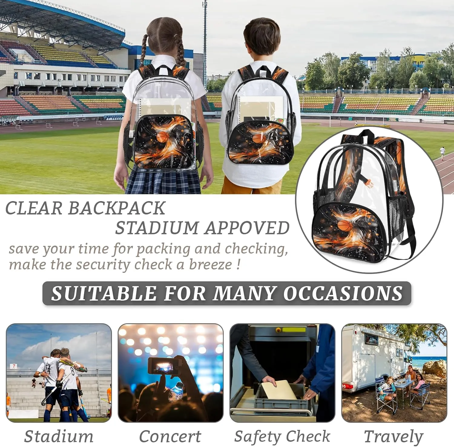 KOBLEN Basketball Flame Design 17.1 Inch Clear Backpack, Heavy Duty Transparent PVC Daypack with Adjustable Padded Straps, Large Capacity Clear Bag for Festival, Concerts, Travel