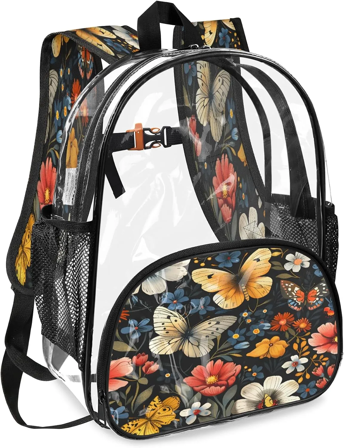 KOBLEN Black Butterfly Floral 17.1 Inch Clear Backpack, Heavy Duty Transparent PVC Daypack with Adjustable Padded Straps, Large Capacity Clear Bag for Festival, Concerts, Travel