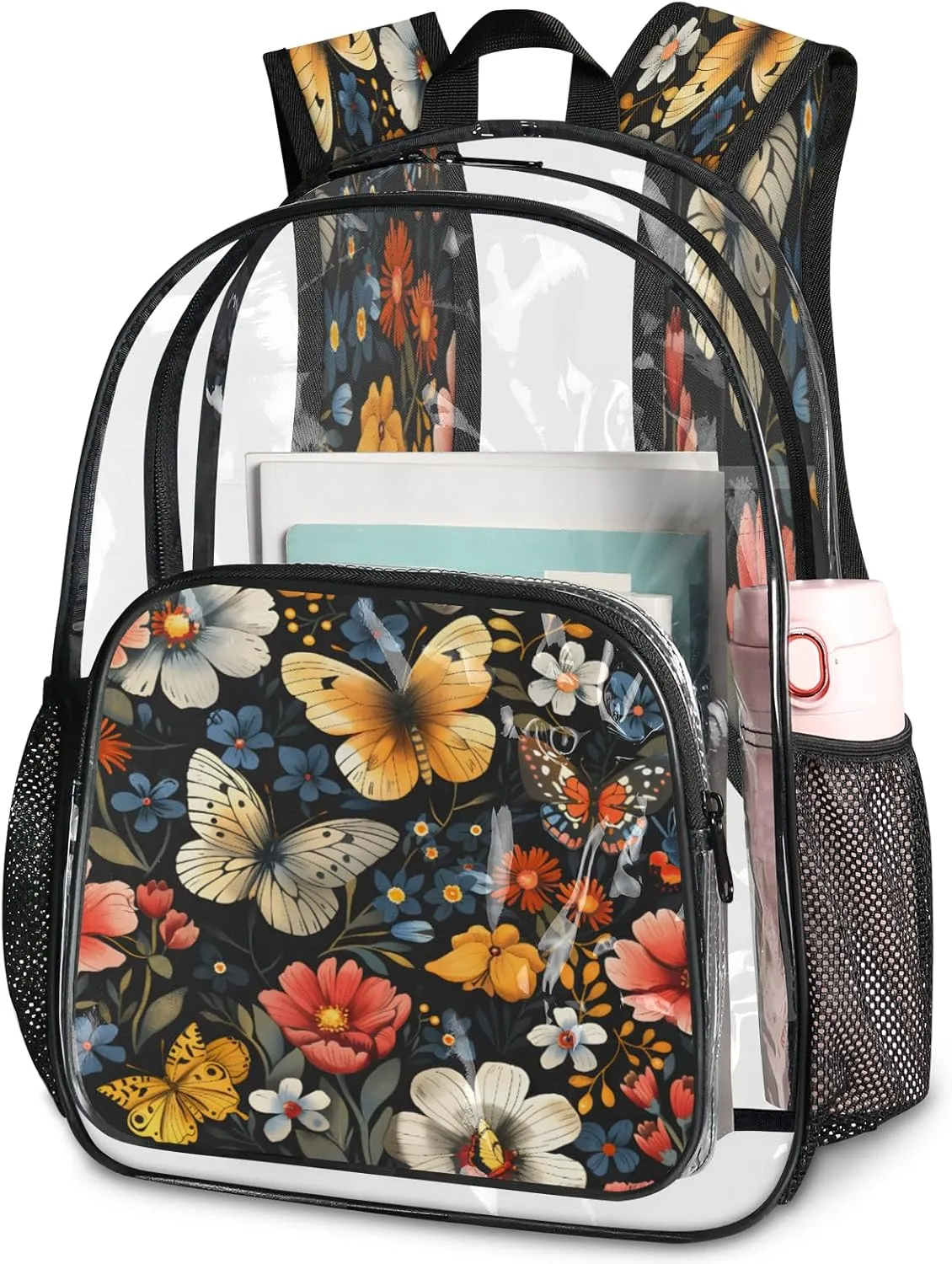KOBLEN Black Butterfly Floral 17.1 Inch Clear Backpack, Heavy Duty Transparent PVC Daypack with Adjustable Padded Straps, Large Capacity Clear Bag for Festival, Concerts, Travel