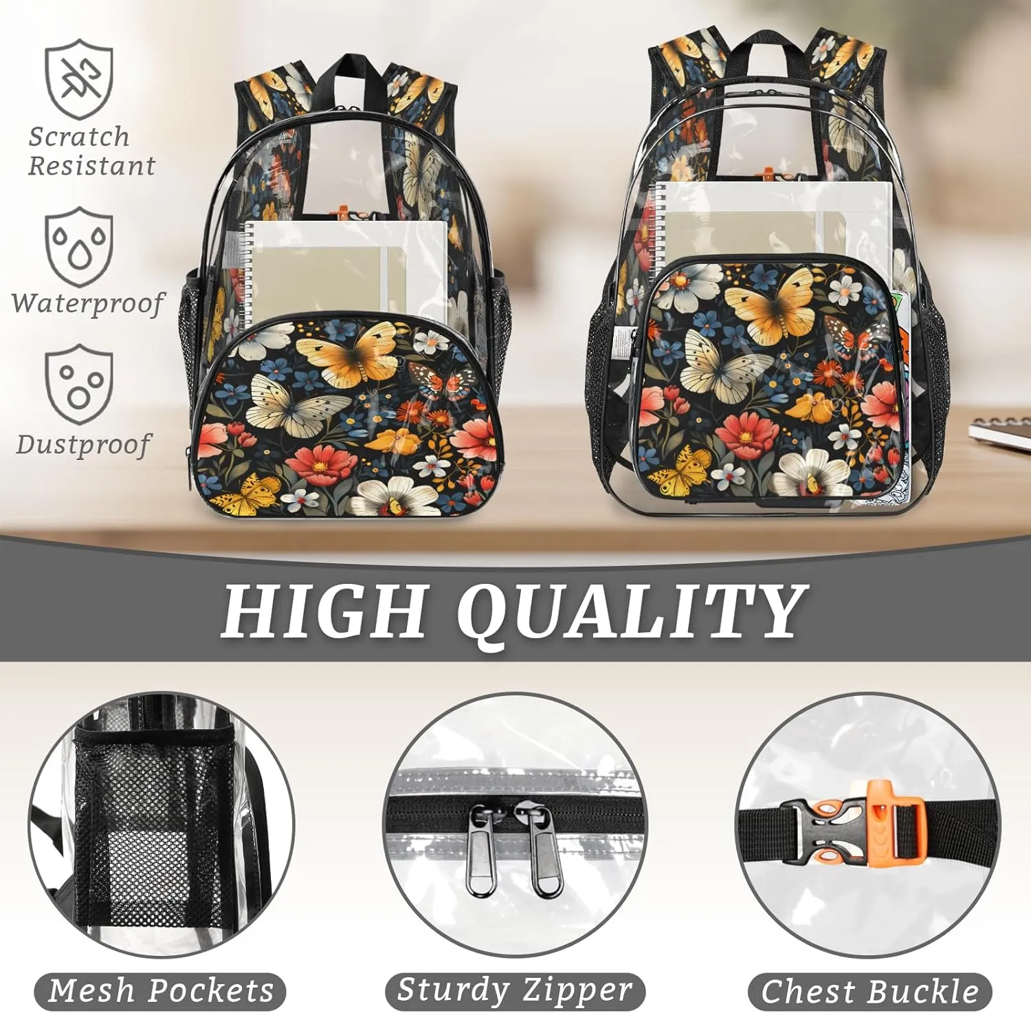 KOBLEN Black Butterfly Floral 17.1 Inch Clear Backpack, Heavy Duty Transparent PVC Daypack with Adjustable Padded Straps, Large Capacity Clear Bag for Festival, Concerts, Travel