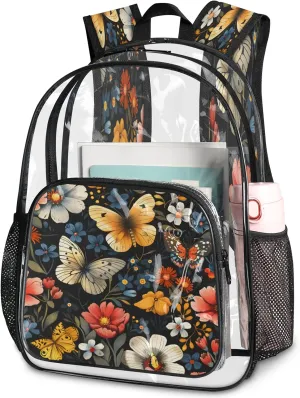 KOBLEN Black Butterfly Floral 17.1 Inch Clear Backpack, Heavy Duty Transparent PVC Daypack with Adjustable Padded Straps, Large Capacity Clear Bag for Festival, Concerts, Travel