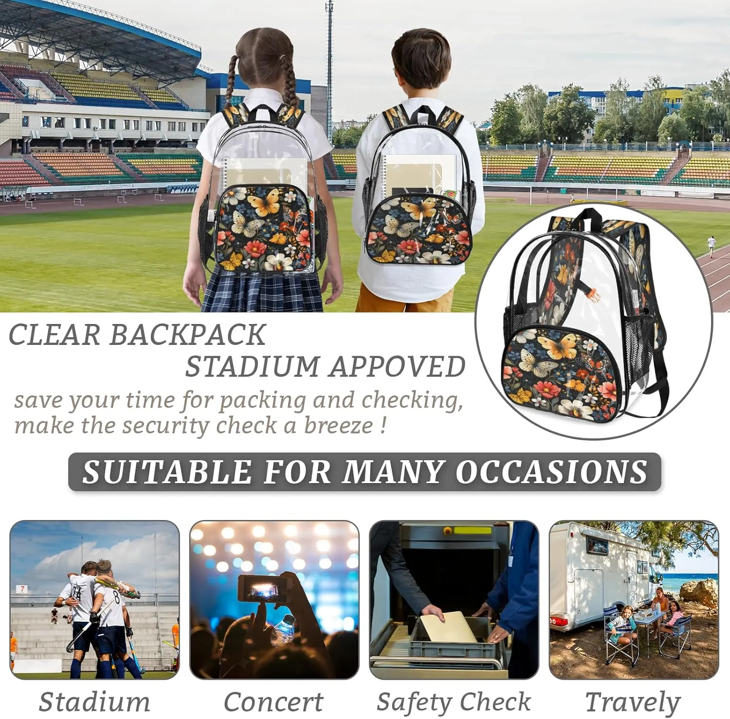 KOBLEN Black Butterfly Floral 17.1 Inch Clear Backpack, Heavy Duty Transparent PVC Daypack with Adjustable Padded Straps, Large Capacity Clear Bag for Festival, Concerts, Travel