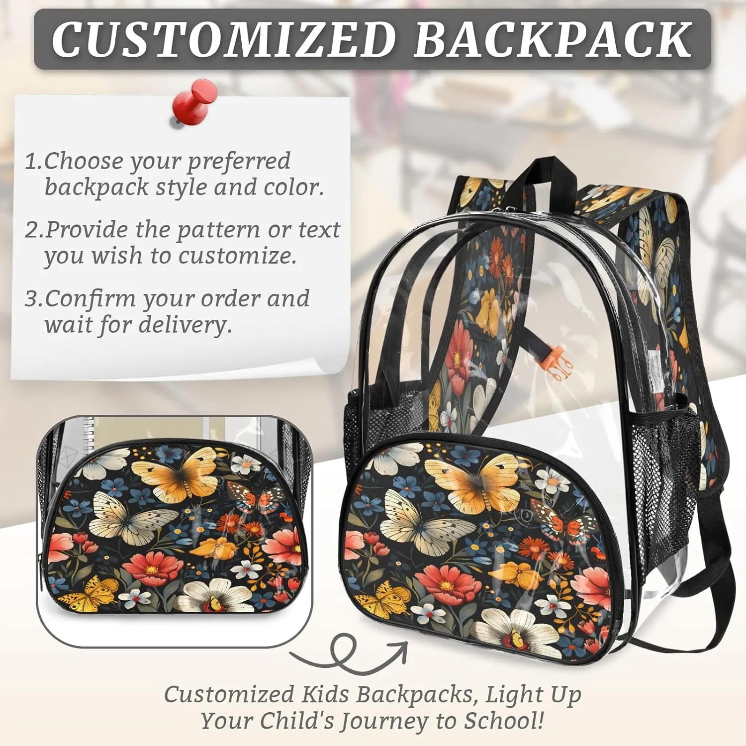 KOBLEN Black Butterfly Floral 17.1 Inch Clear Backpack, Heavy Duty Transparent PVC Daypack with Adjustable Padded Straps, Large Capacity Clear Bag for Festival, Concerts, Travel