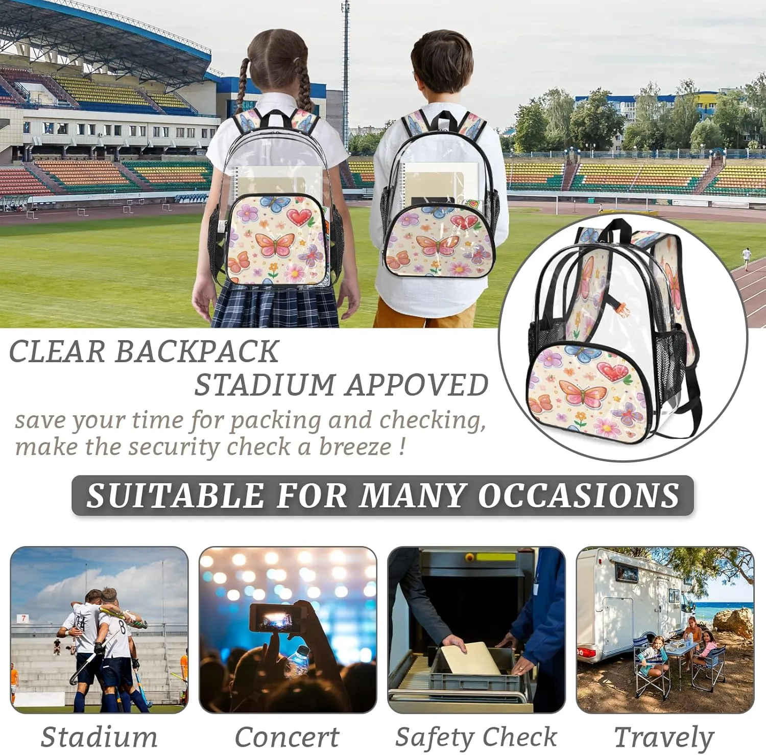 KOBLEN Butterfly Love Garden 14.2 Inch Clear Backpack, Heavy Duty Transparent PVC Daypack with Adjustable Padded Straps, Large Capacity Clear Bag for Festival, Concerts, Travel