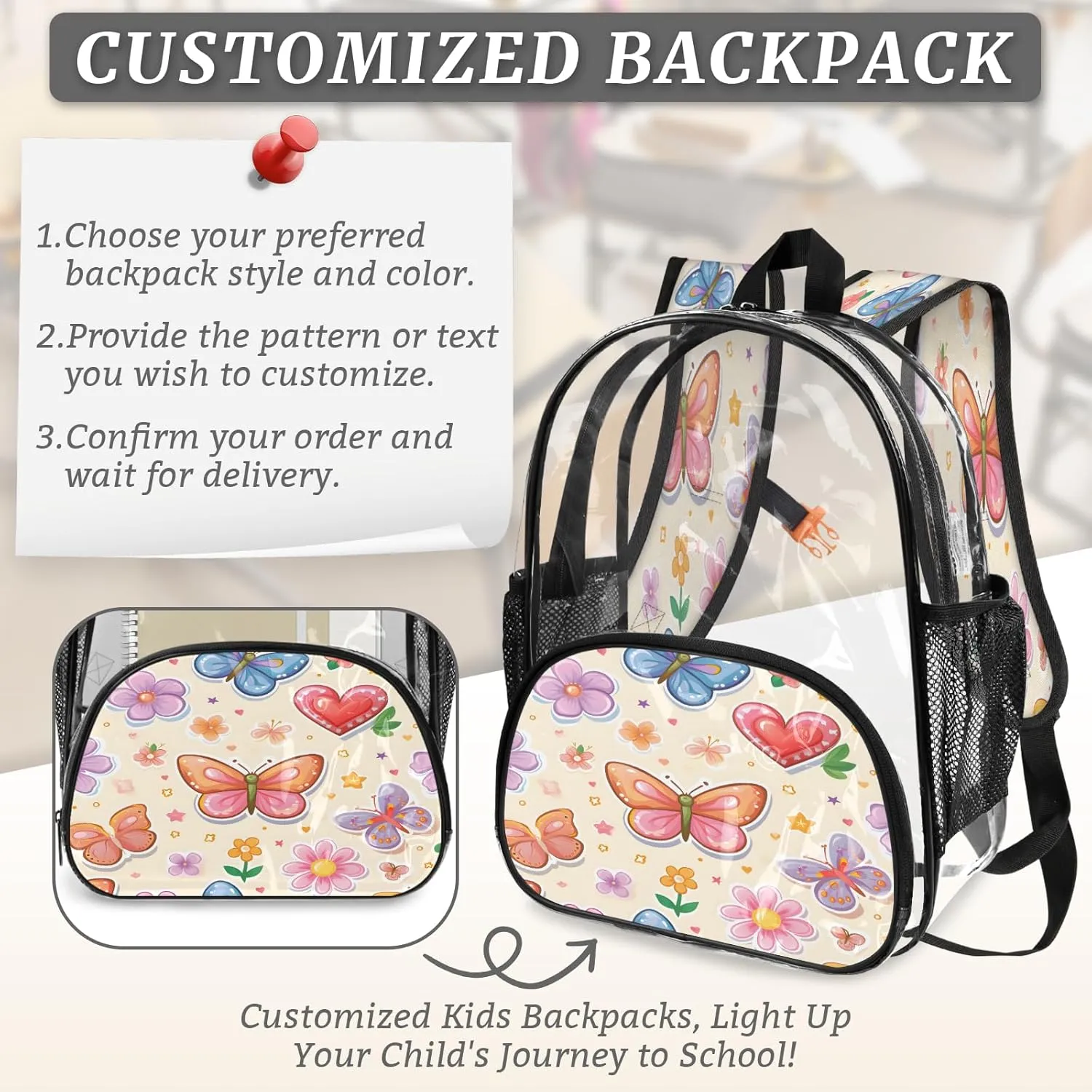 KOBLEN Butterfly Love Garden 14.2 Inch Clear Backpack, Heavy Duty Transparent PVC Daypack with Adjustable Padded Straps, Large Capacity Clear Bag for Festival, Concerts, Travel
