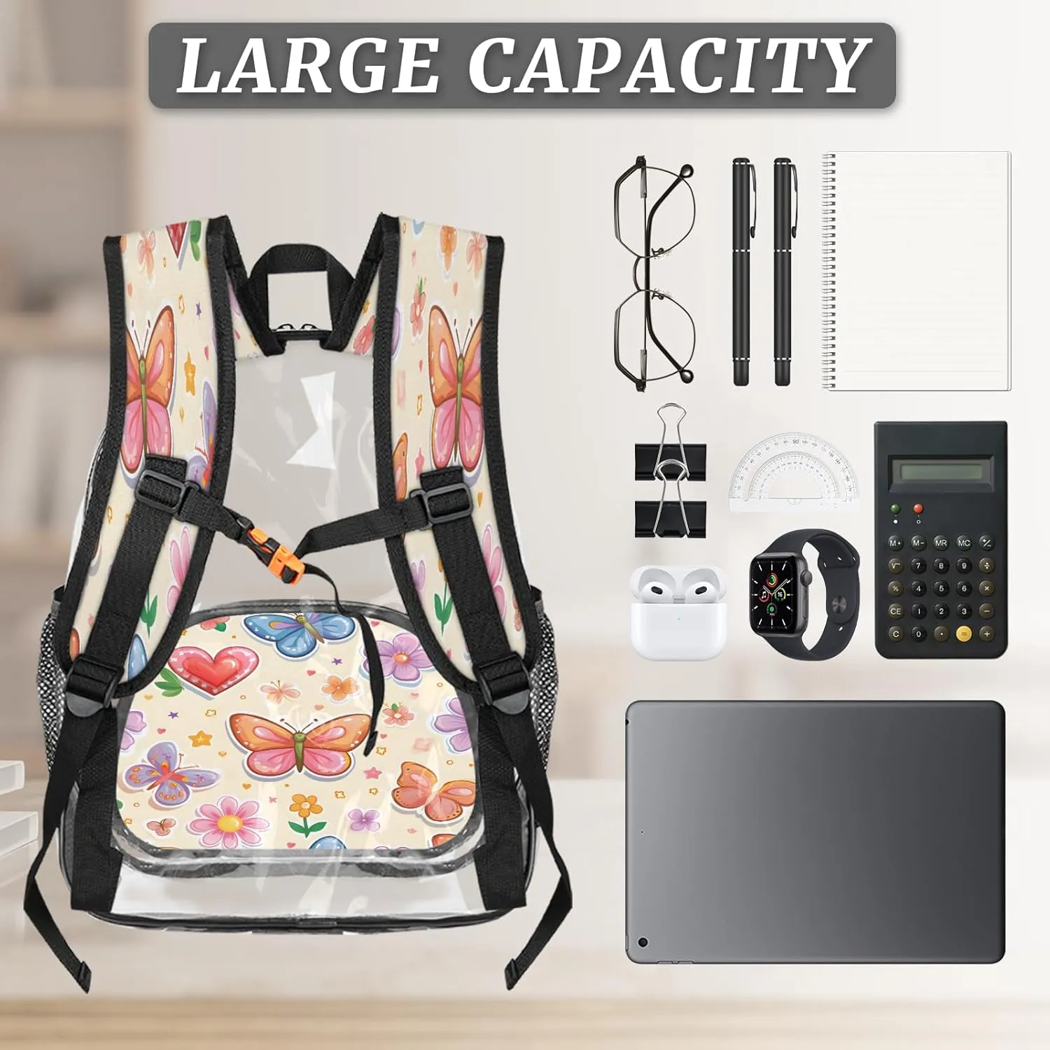 KOBLEN Butterfly Love Garden 14.2 Inch Clear Backpack, Heavy Duty Transparent PVC Daypack with Adjustable Padded Straps, Large Capacity Clear Bag for Festival, Concerts, Travel