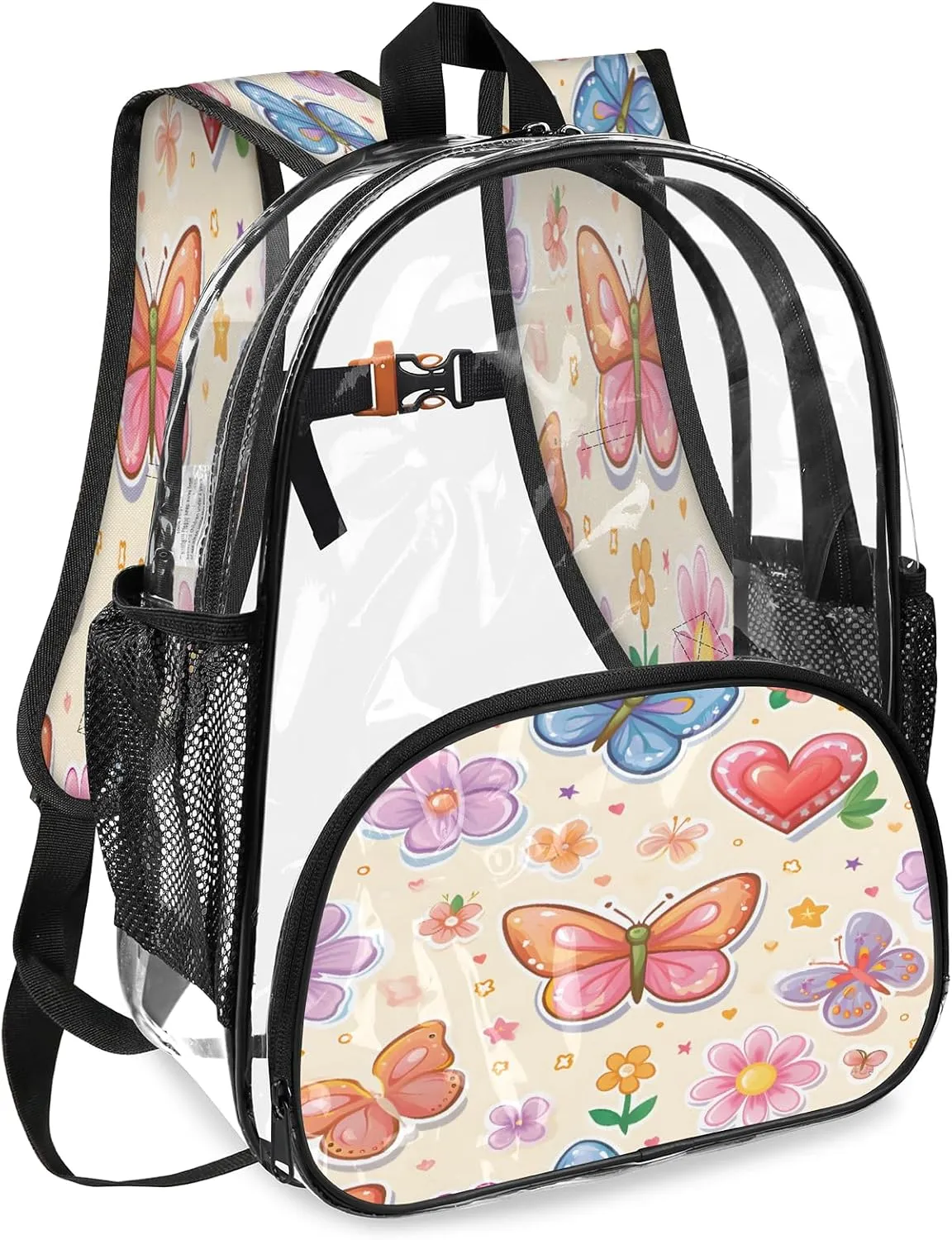 KOBLEN Butterfly Love Garden 14.2 Inch Clear Backpack, Heavy Duty Transparent PVC Daypack with Adjustable Padded Straps, Large Capacity Clear Bag for Festival, Concerts, Travel