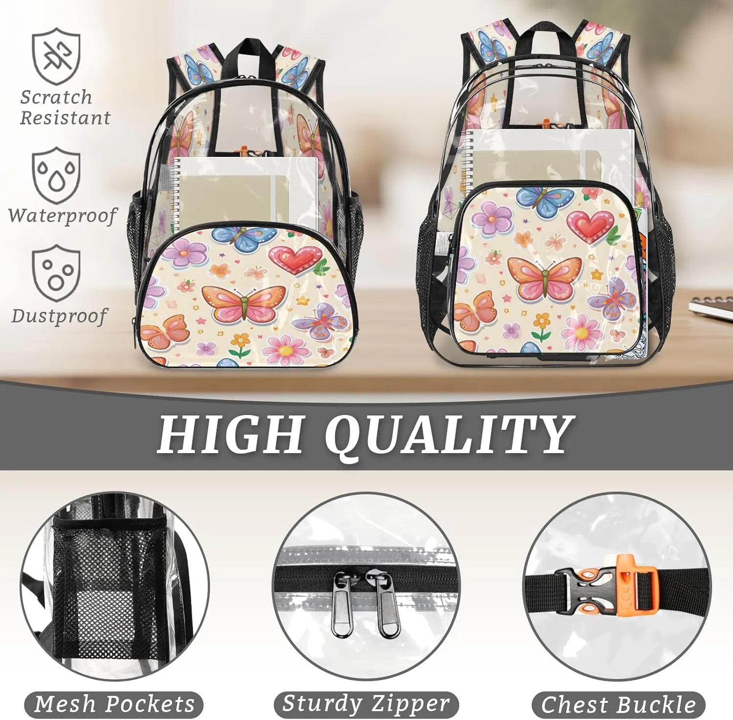KOBLEN Butterfly Love Garden 14.2 Inch Clear Backpack, Heavy Duty Transparent PVC Daypack with Adjustable Padded Straps, Large Capacity Clear Bag for Festival, Concerts, Travel