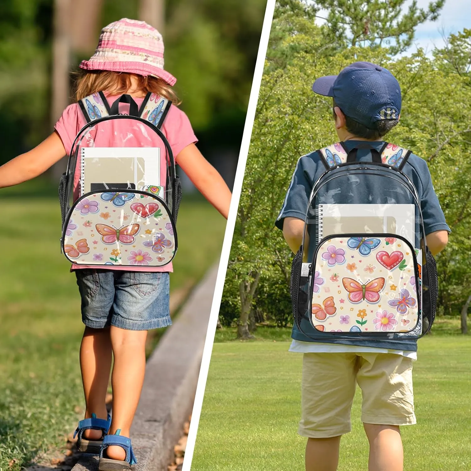 KOBLEN Butterfly Love Garden 14.2 Inch Clear Backpack, Heavy Duty Transparent PVC Daypack with Adjustable Padded Straps, Large Capacity Clear Bag for Festival, Concerts, Travel