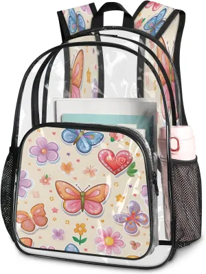KOBLEN Butterfly Love Garden 14.2 Inch Clear Backpack, Heavy Duty Transparent PVC Daypack with Adjustable Padded Straps, Large Capacity Clear Bag for Festival, Concerts, Travel
