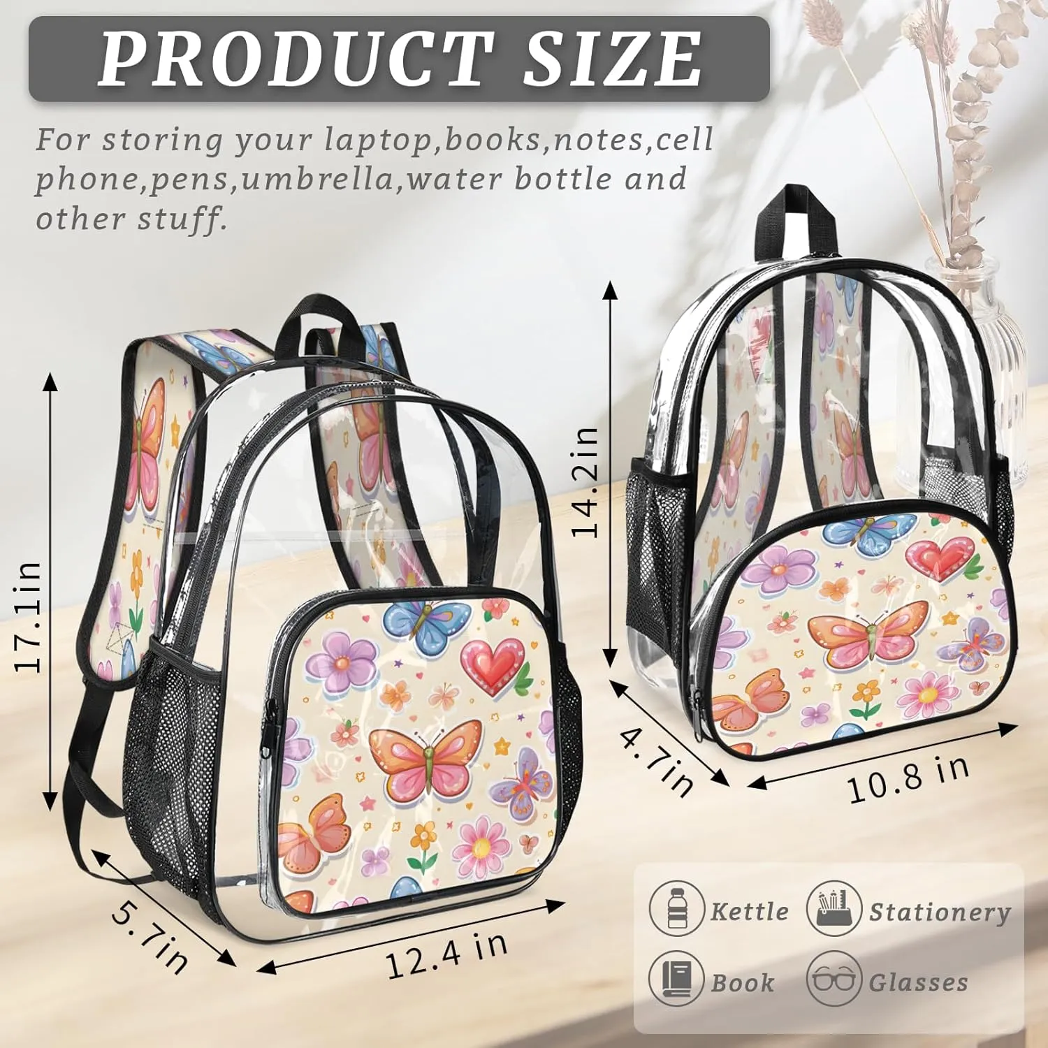 KOBLEN Butterfly Love Garden 14.2 Inch Clear Backpack, Heavy Duty Transparent PVC Daypack with Adjustable Padded Straps, Large Capacity Clear Bag for Festival, Concerts, Travel
