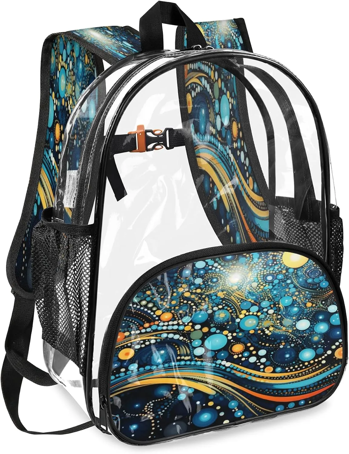 KOBLEN Cosmic Dots Galaxy 17.1 Inch Clear Backpack, Heavy Duty Transparent PVC Daypack with Adjustable Padded Straps, Large Capacity Clear Bag for Festival, Concerts, Travel