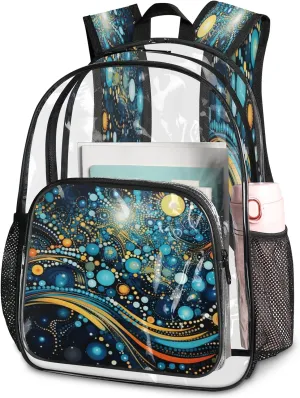 KOBLEN Cosmic Dots Galaxy 17.1 Inch Clear Backpack, Heavy Duty Transparent PVC Daypack with Adjustable Padded Straps, Large Capacity Clear Bag for Festival, Concerts, Travel