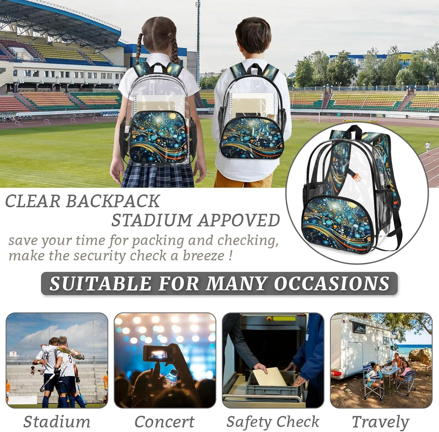 KOBLEN Cosmic Dots Galaxy 17.1 Inch Clear Backpack, Heavy Duty Transparent PVC Daypack with Adjustable Padded Straps, Large Capacity Clear Bag for Festival, Concerts, Travel