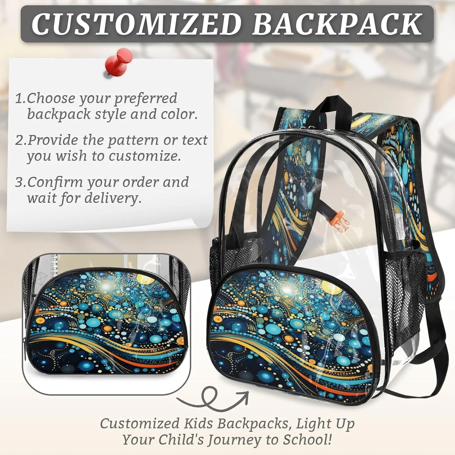KOBLEN Cosmic Dots Galaxy 17.1 Inch Clear Backpack, Heavy Duty Transparent PVC Daypack with Adjustable Padded Straps, Large Capacity Clear Bag for Festival, Concerts, Travel